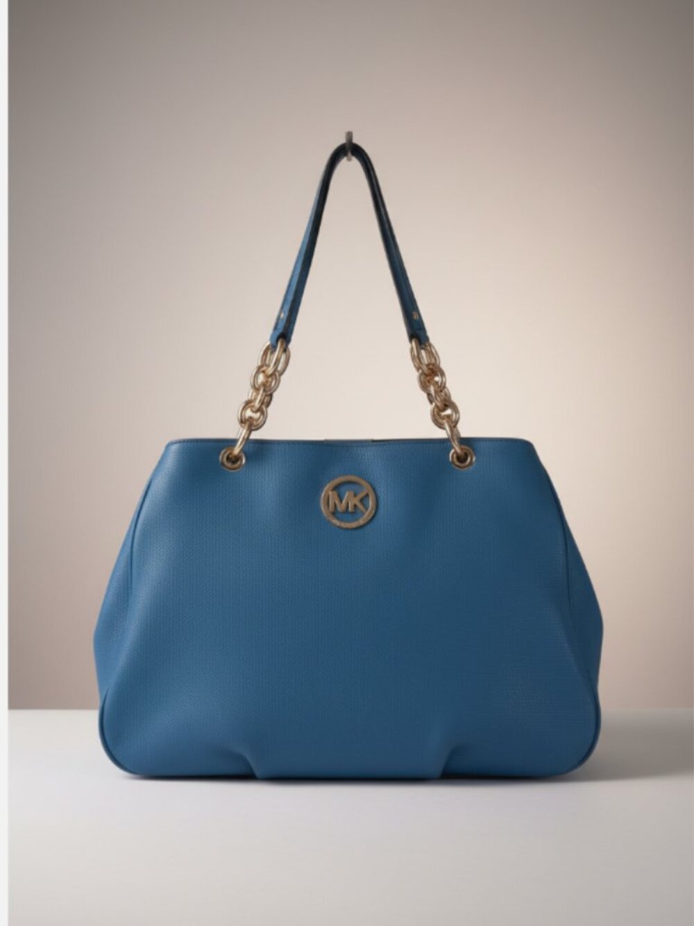 Michael Kors Pebbled Leather Satchel Blue Shoulder Bag Gold Chain Strap